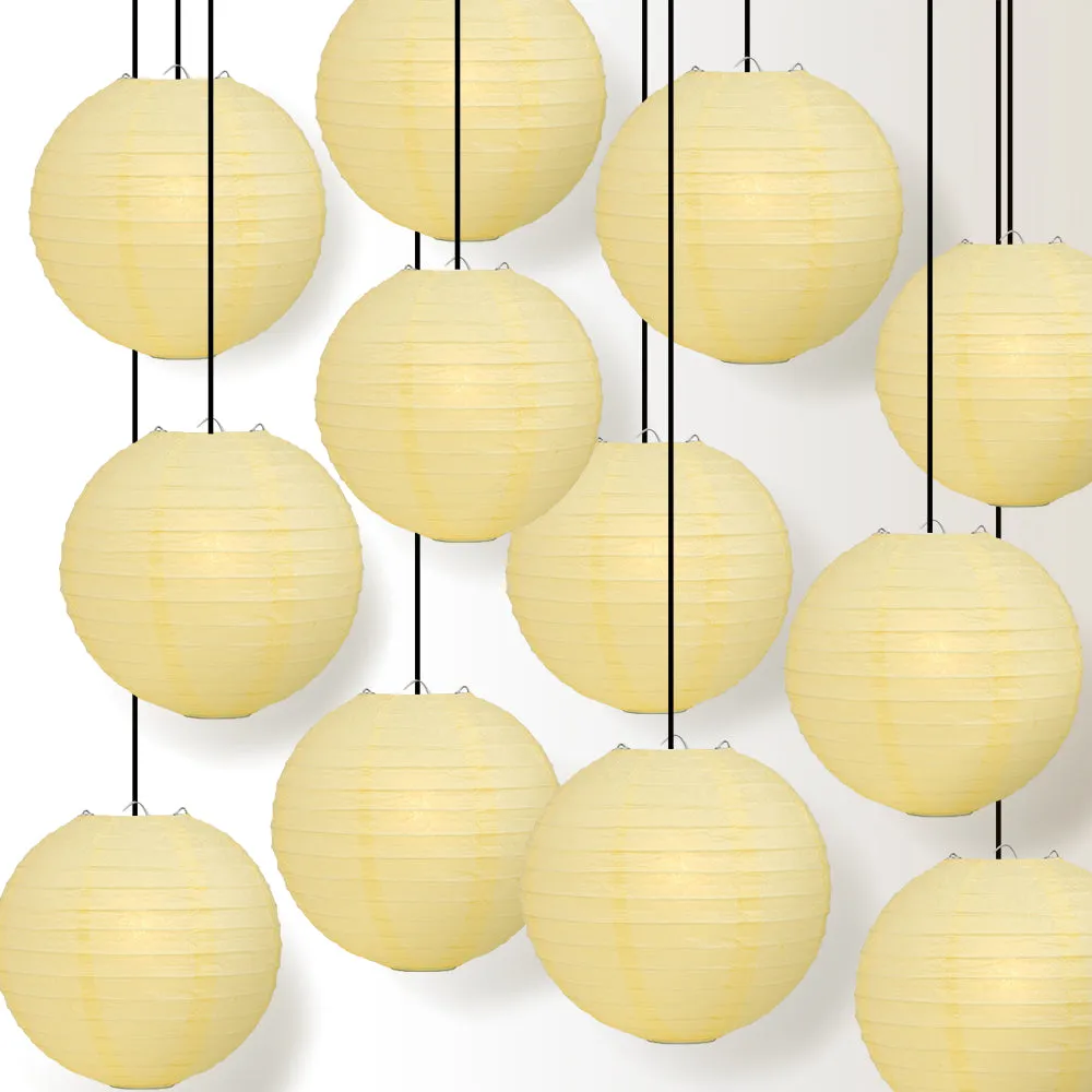 12 PACK | Lemon Yellow Even Ribbing Round Paper Lantern, Hanging Combo Set