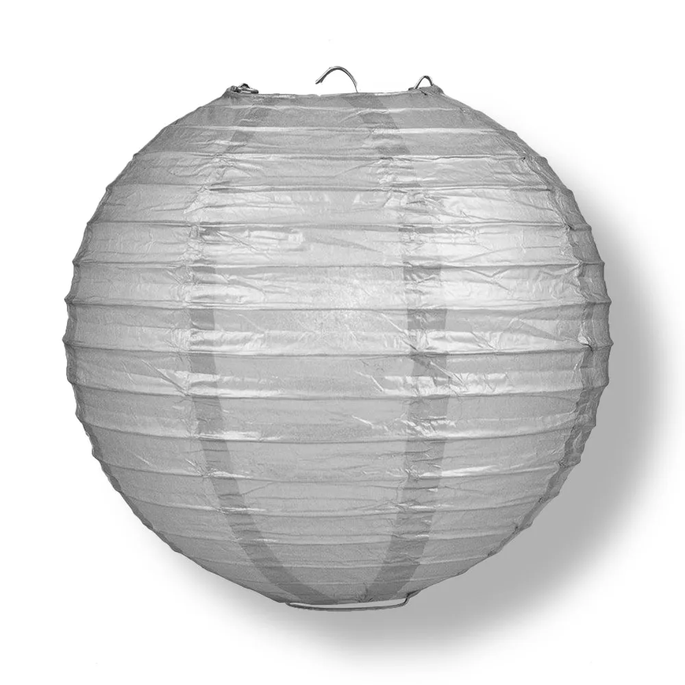 12 PACK | Silver Even Ribbing Round Paper Lantern, Hanging Combo Set