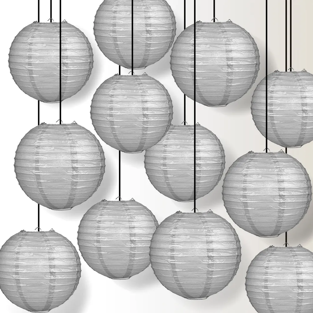 12 PACK | Silver Even Ribbing Round Paper Lantern, Hanging Combo Set