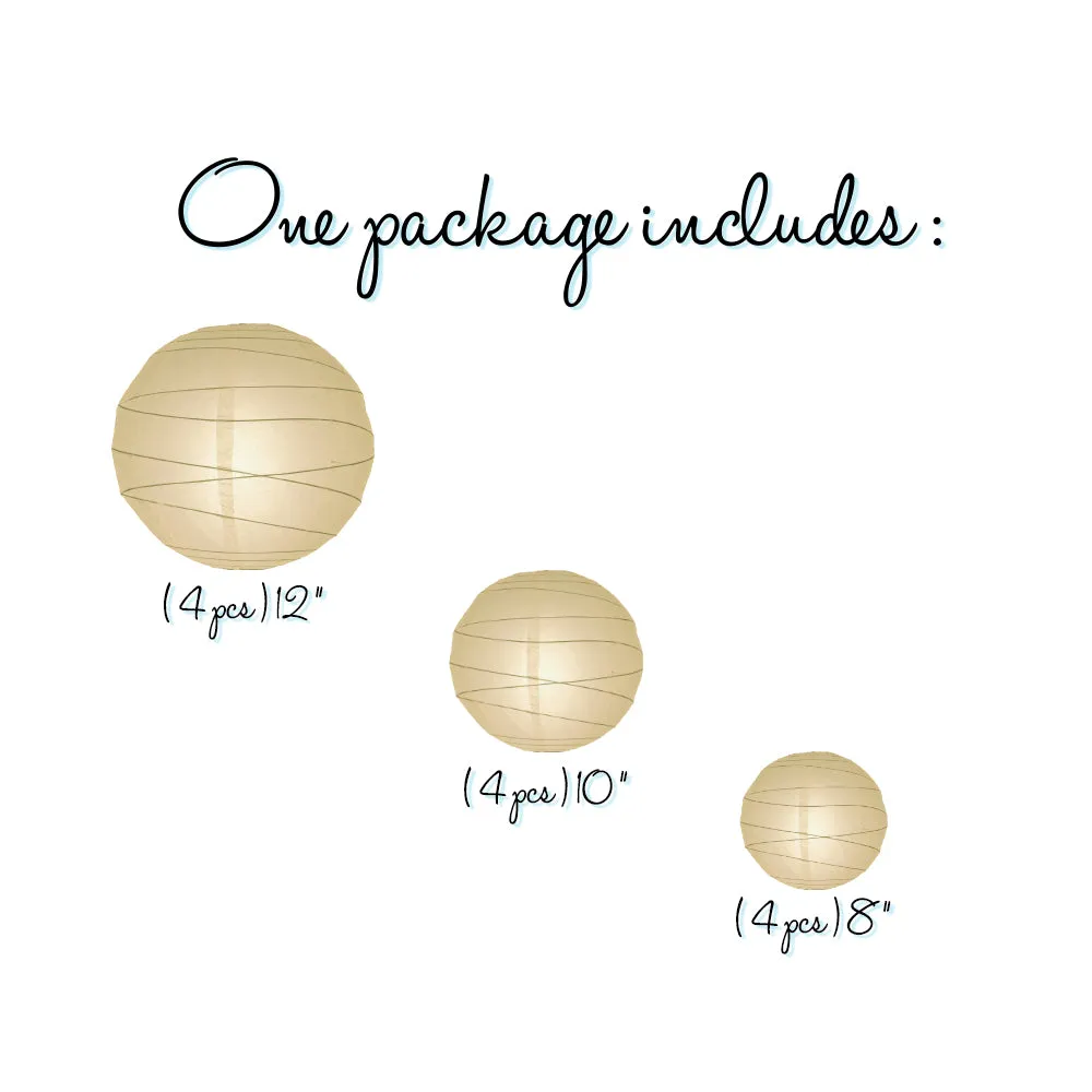 12-PC Beige / Ivory Paper Lantern Chinese Hanging Wedding & Party Assorted Decoration Set, 12/10/8-Inch