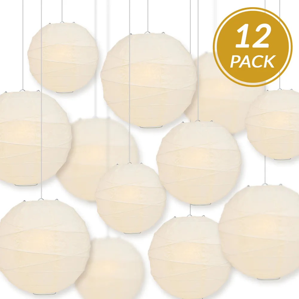 12-PC Beige / Ivory Paper Lantern Chinese Hanging Wedding & Party Assorted Decoration Set, 12/10/8-Inch