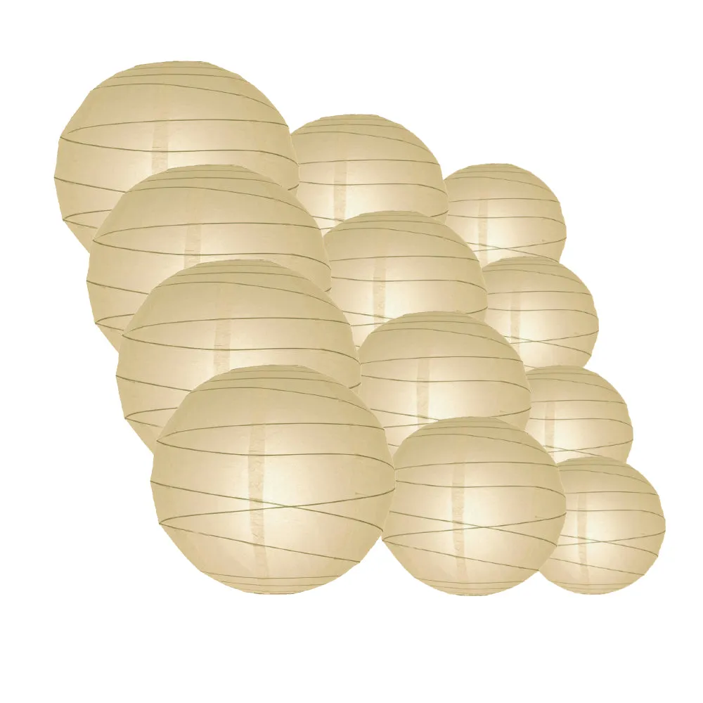 12-PC Beige / Ivory Paper Lantern Chinese Hanging Wedding & Party Assorted Decoration Set, 12/10/8-Inch