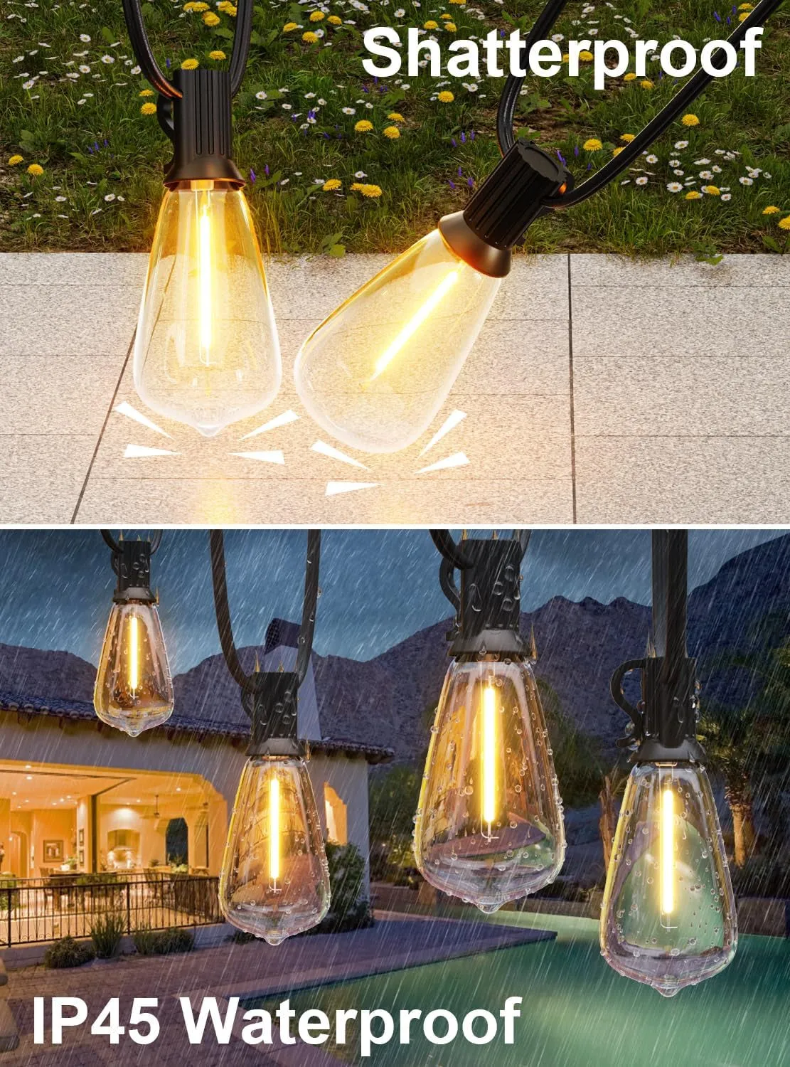 120FT Outdoor String Lights, Waterproof Patio Lights with 64 Hanging Lights ST38 Bulbs, 2700K Shatterproof for Backyard Gazebo Porch Garden outside Decor