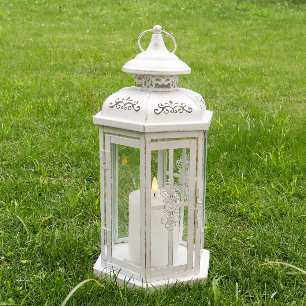 12" H Medium Candle Lantern for Indoor Outdoor(White with Gold Brush)