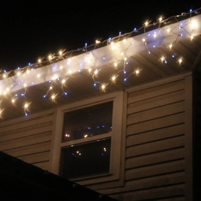 150-bulb Blue and Clear Glass Icicle Lights, White Wire