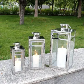 19''&15''&12'' H Stainless Steel Metal Candle Lantern  Candle Holder with Clear Glass Panels(Set of 3)