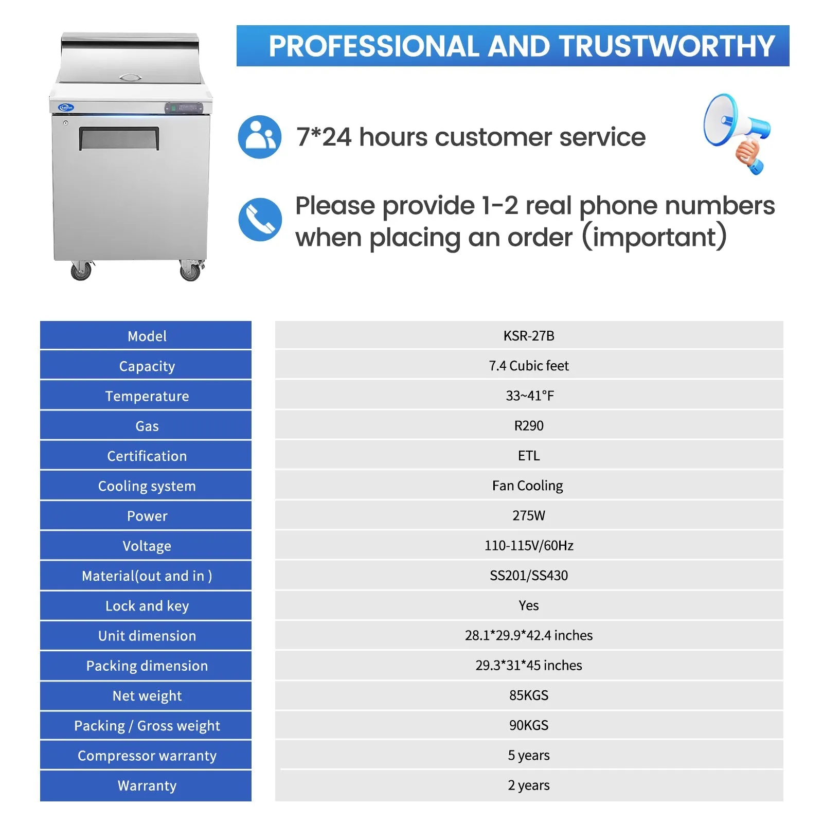 27" W 1 Door Refrigerator Sandwich Salad Prep Table Commercial Stainless Steel Fan Cooling Refrigerator with Cutting Board, 1 Shelves & 8 Pans for Restaurant, Bar, Shop-7.4 Cu.ft