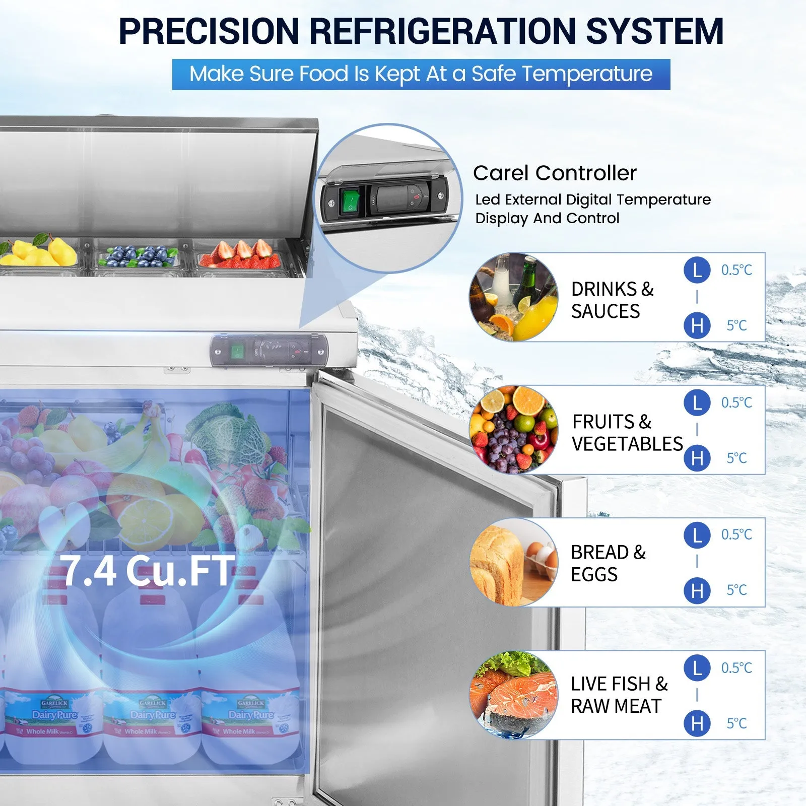 27" W 1 Door Refrigerator Sandwich Salad Prep Table Commercial Stainless Steel Fan Cooling Refrigerator with Cutting Board, 1 Shelves & 8 Pans for Restaurant, Bar, Shop-7.4 Cu.ft