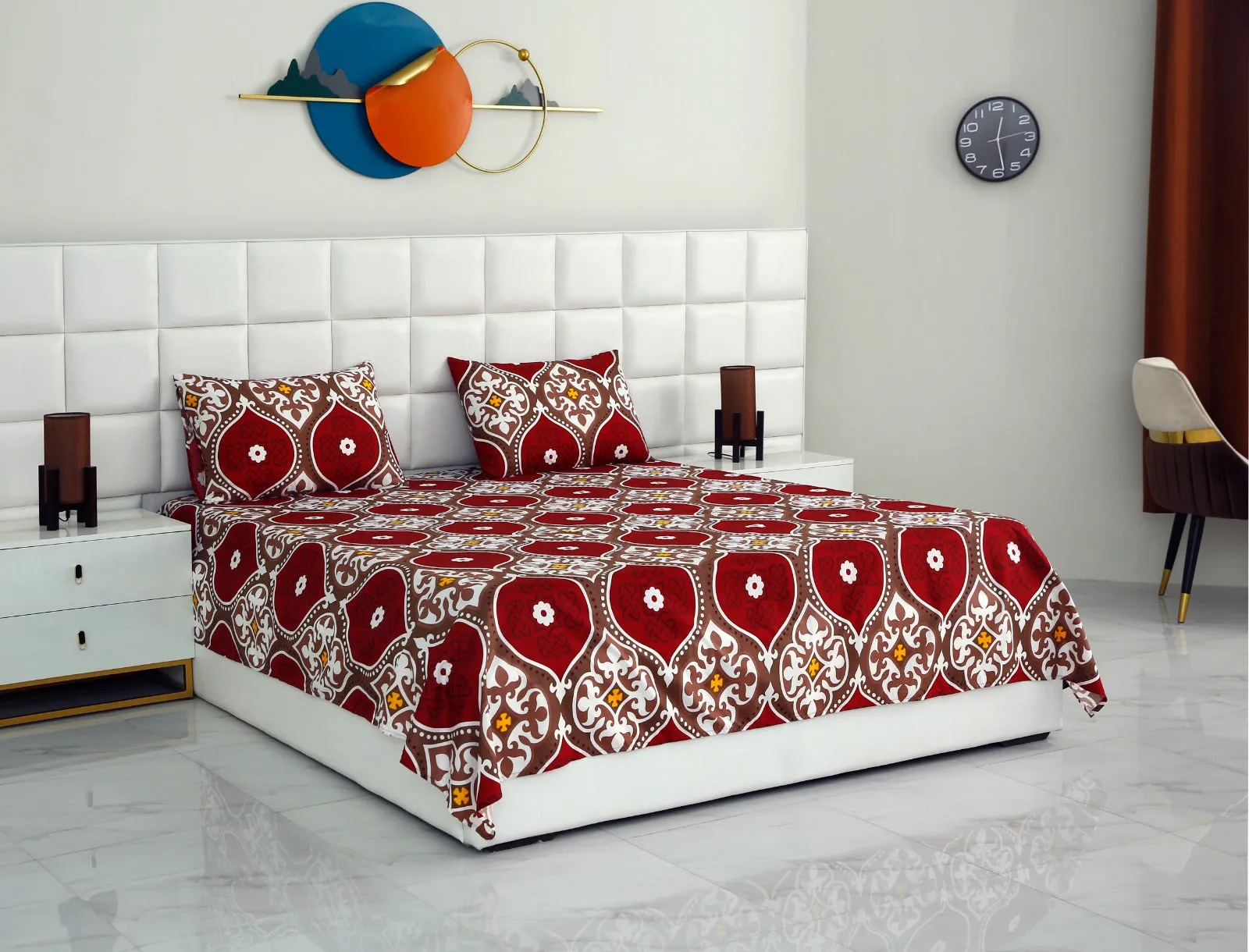 3 PCs Double Bed Sheet -Brown Crowns