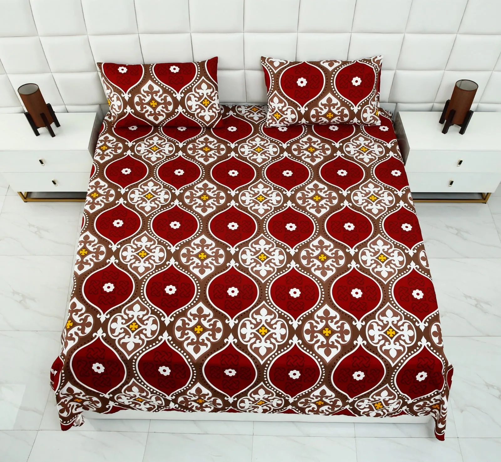 3 PCs Double Bed Sheet -Brown Crowns