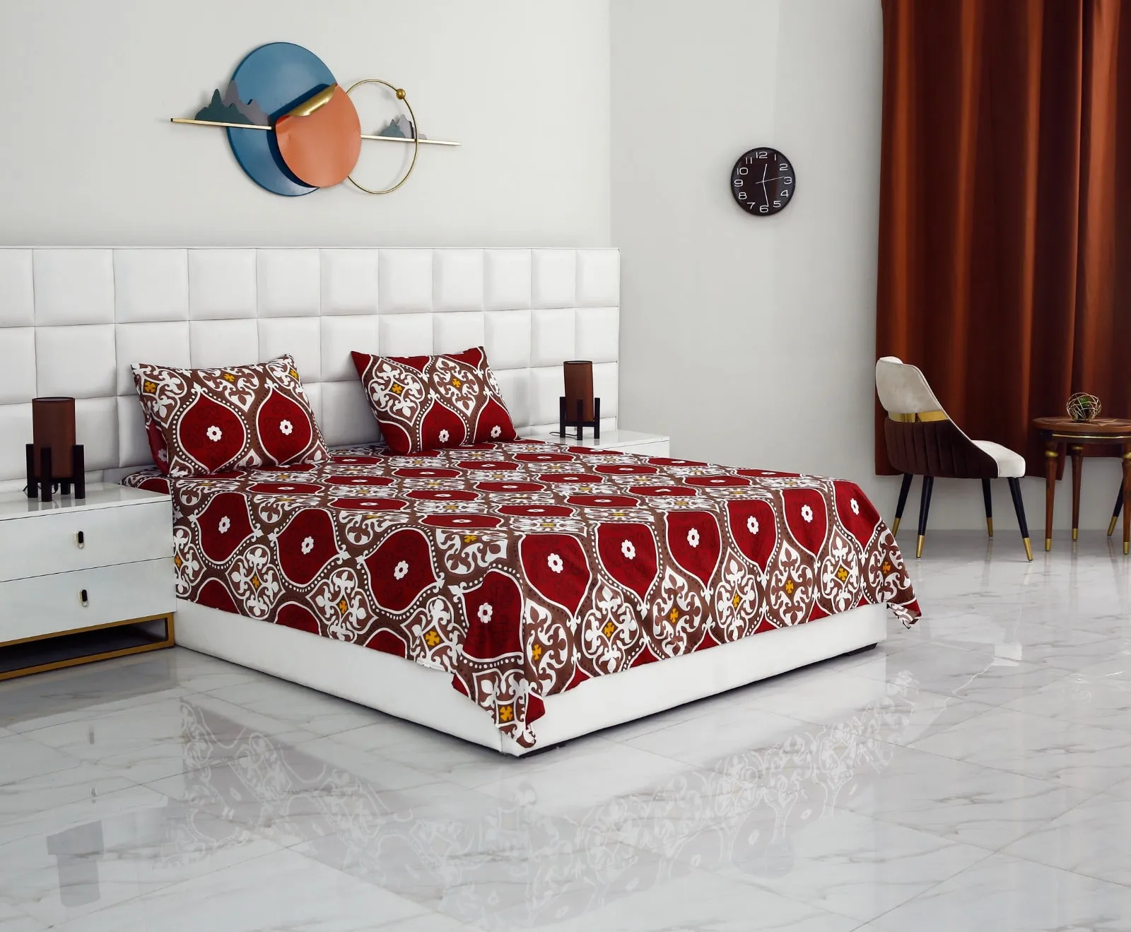 3 PCs Double Bed Sheet -Brown Crowns