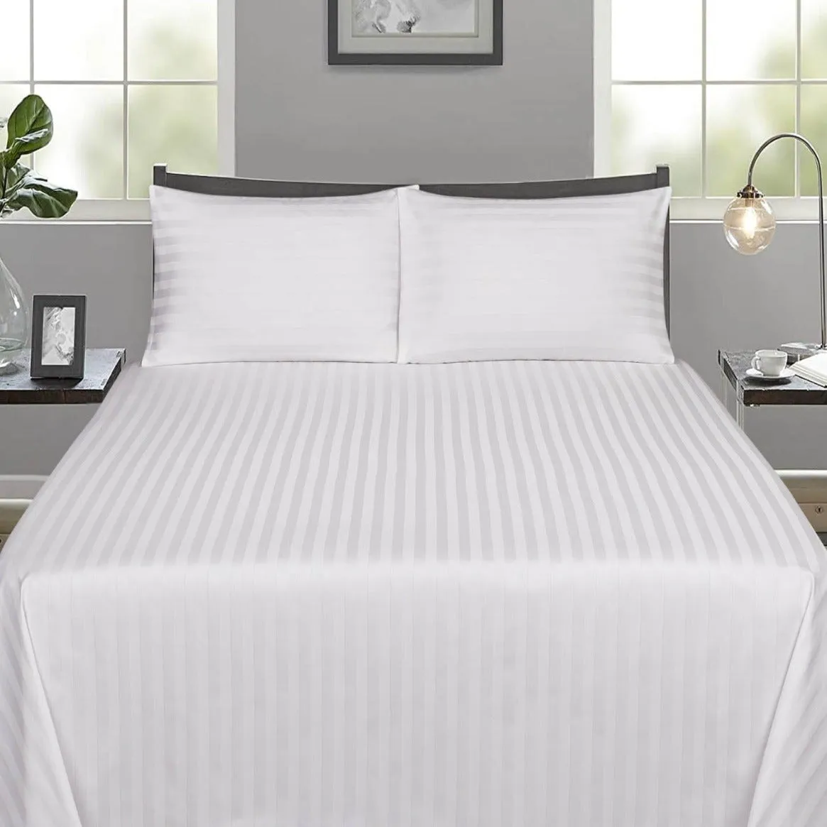 3 PCs Satin Stripe Bed Sheet(3914)-White