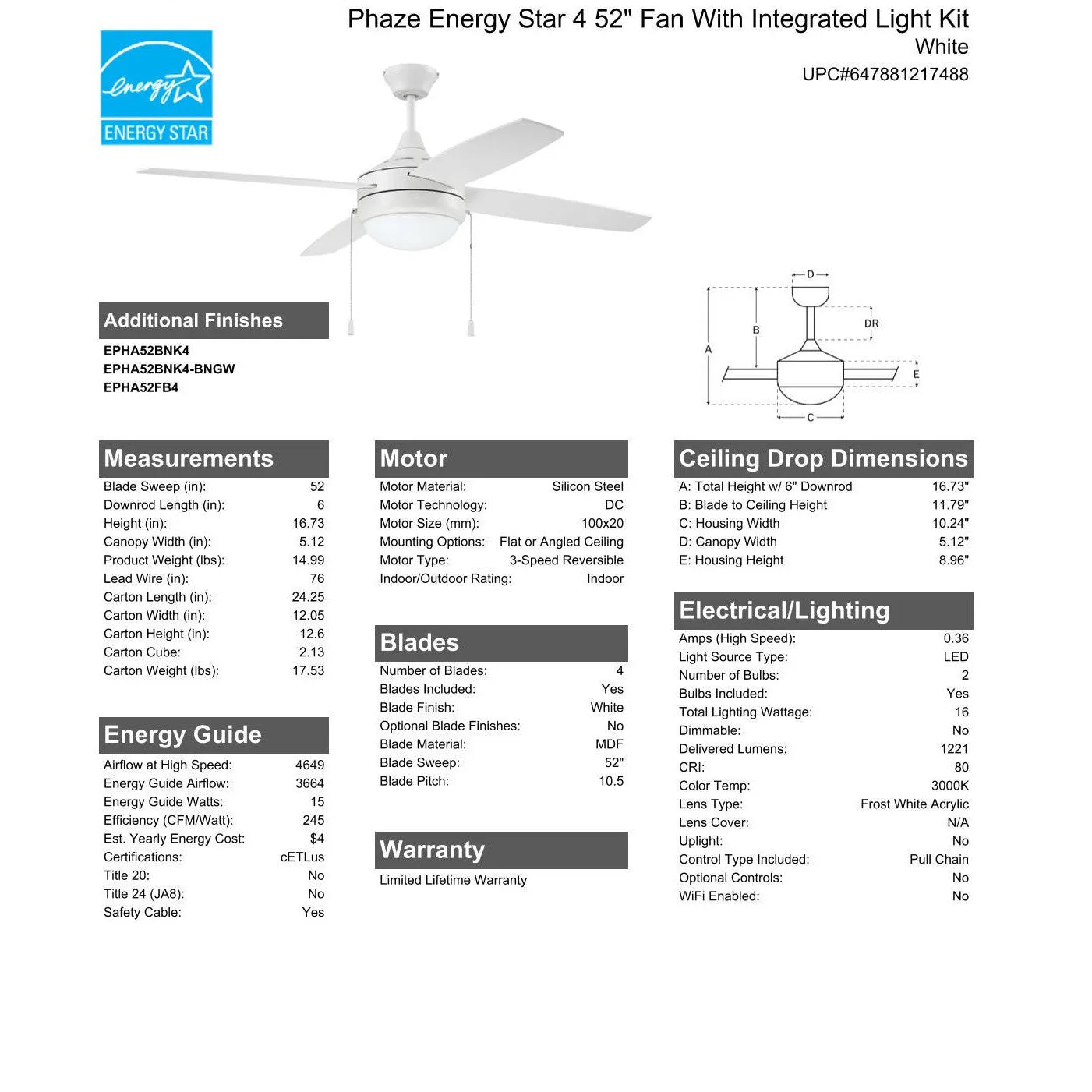 52" Phaze Energy Star 4 in White w/ White Blades