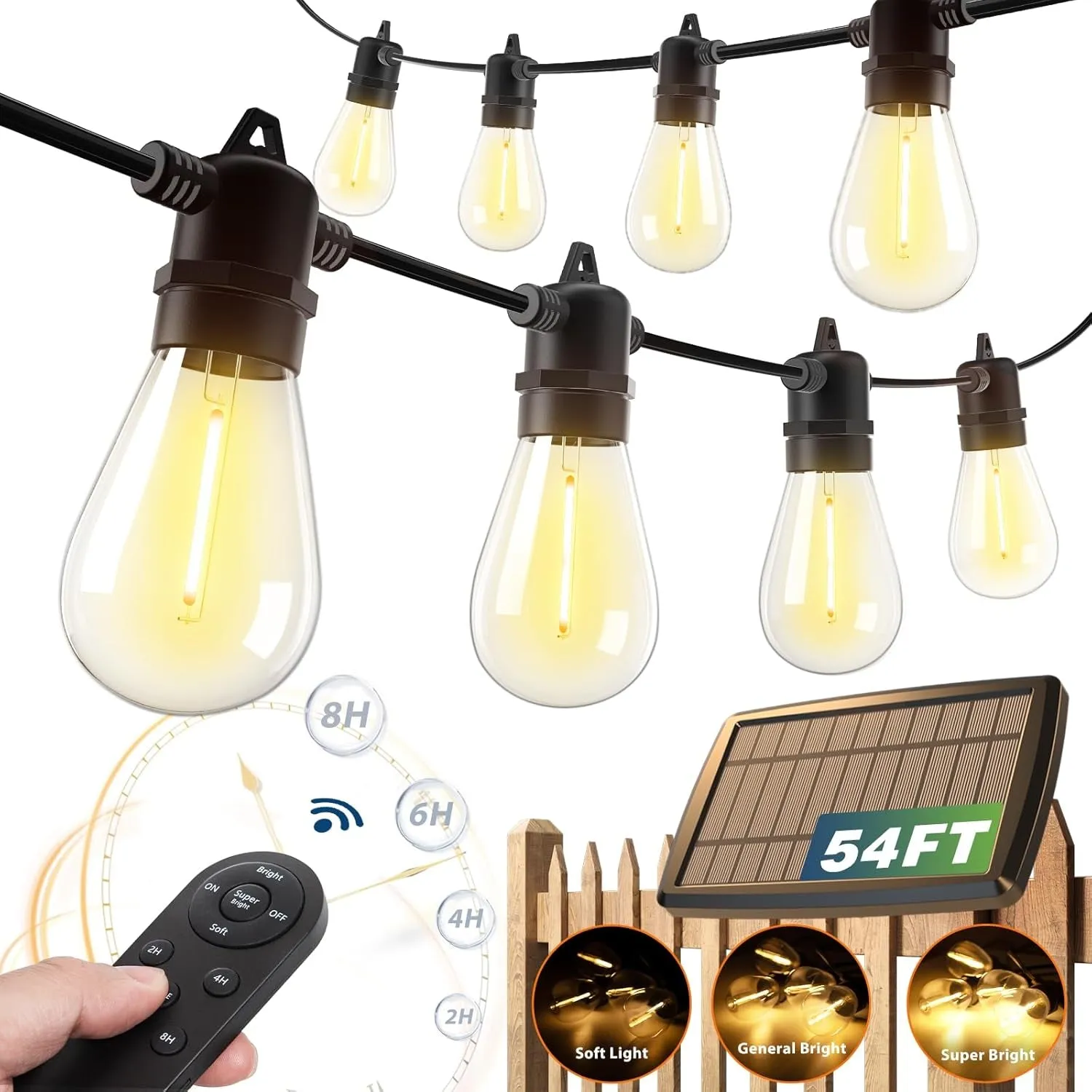 54(48 6) FT Solar String Lights Outdoor Waterproof with USB Port & Remote Control Solar Patio Lights Long Last for 20 Hrs Dimmable Solar Power LED Bulbs for Porch Garden Market Bistro