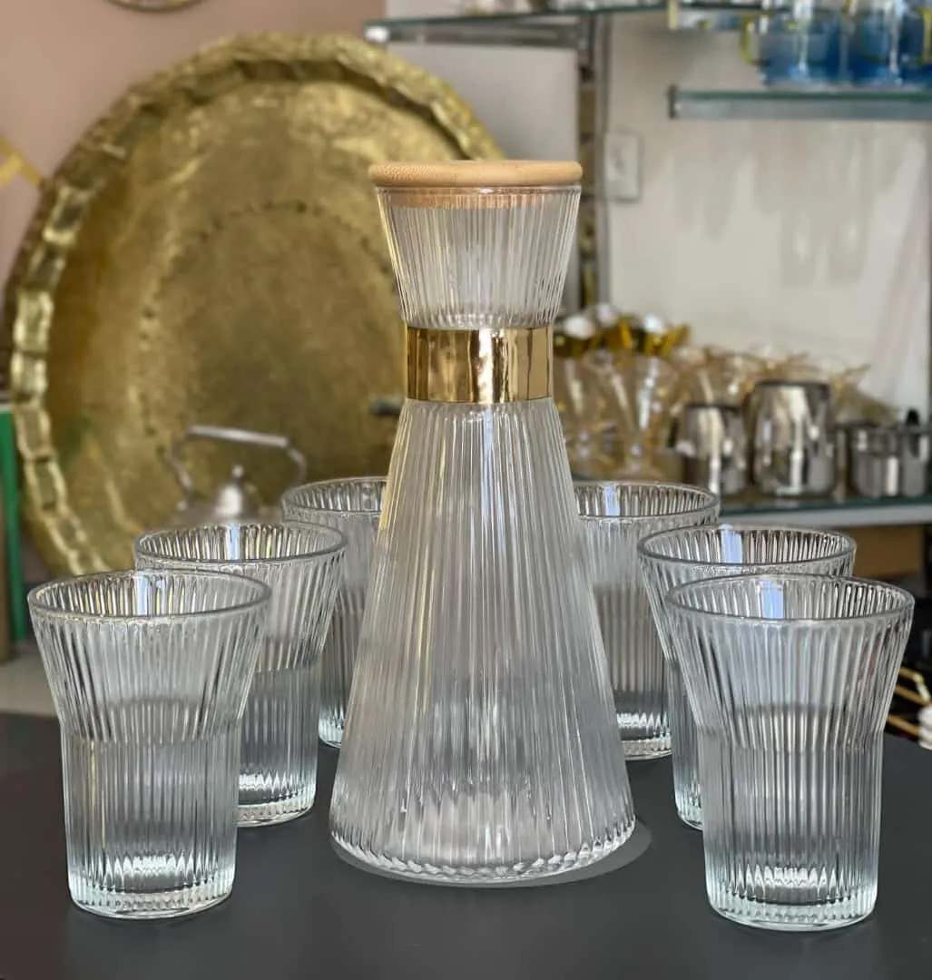 7 Pcs Set Quality Ribbed Flute Shaped Carafe Glass set