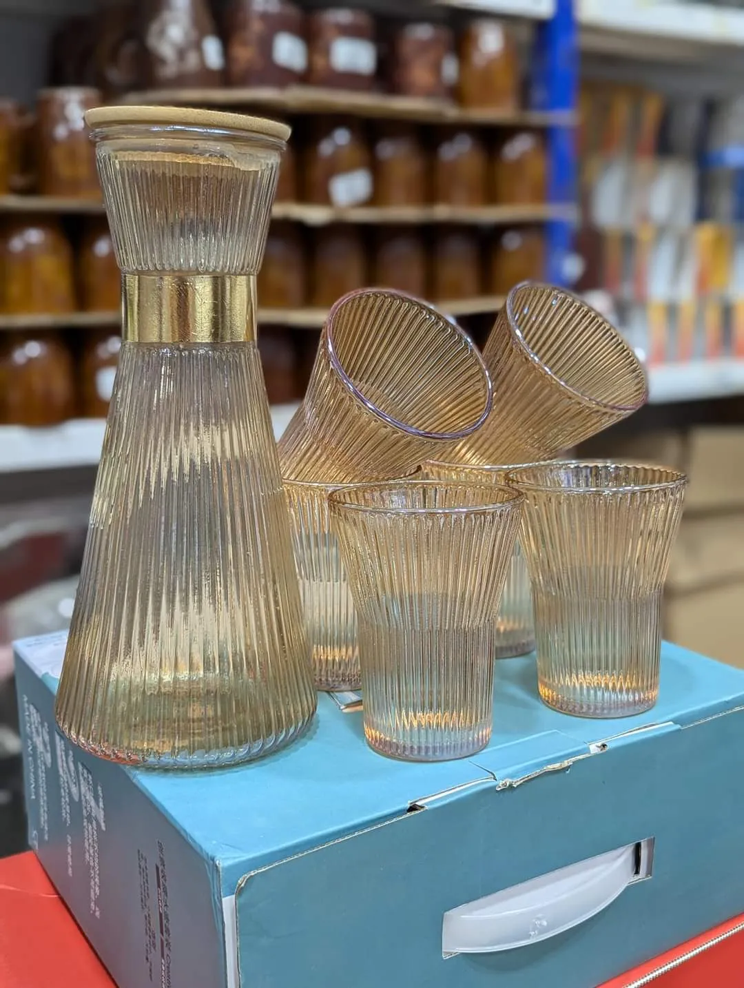 7 Pcs Set Quality Ribbed Flute Shaped Carafe Glass set