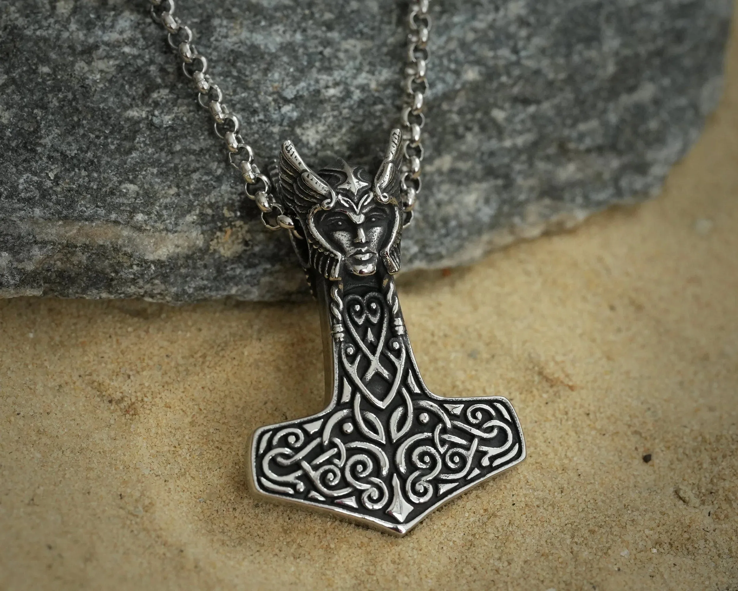 925 Sterling Silver Valkyrie Freya Shieldmaiden Woman Viking Thors Hammer Necklace Pendant Lagertha Charm