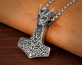 925 Sterling Silver Valkyrie Freya Shieldmaiden Woman Viking Thors Hammer Necklace Pendant Lagertha Charm