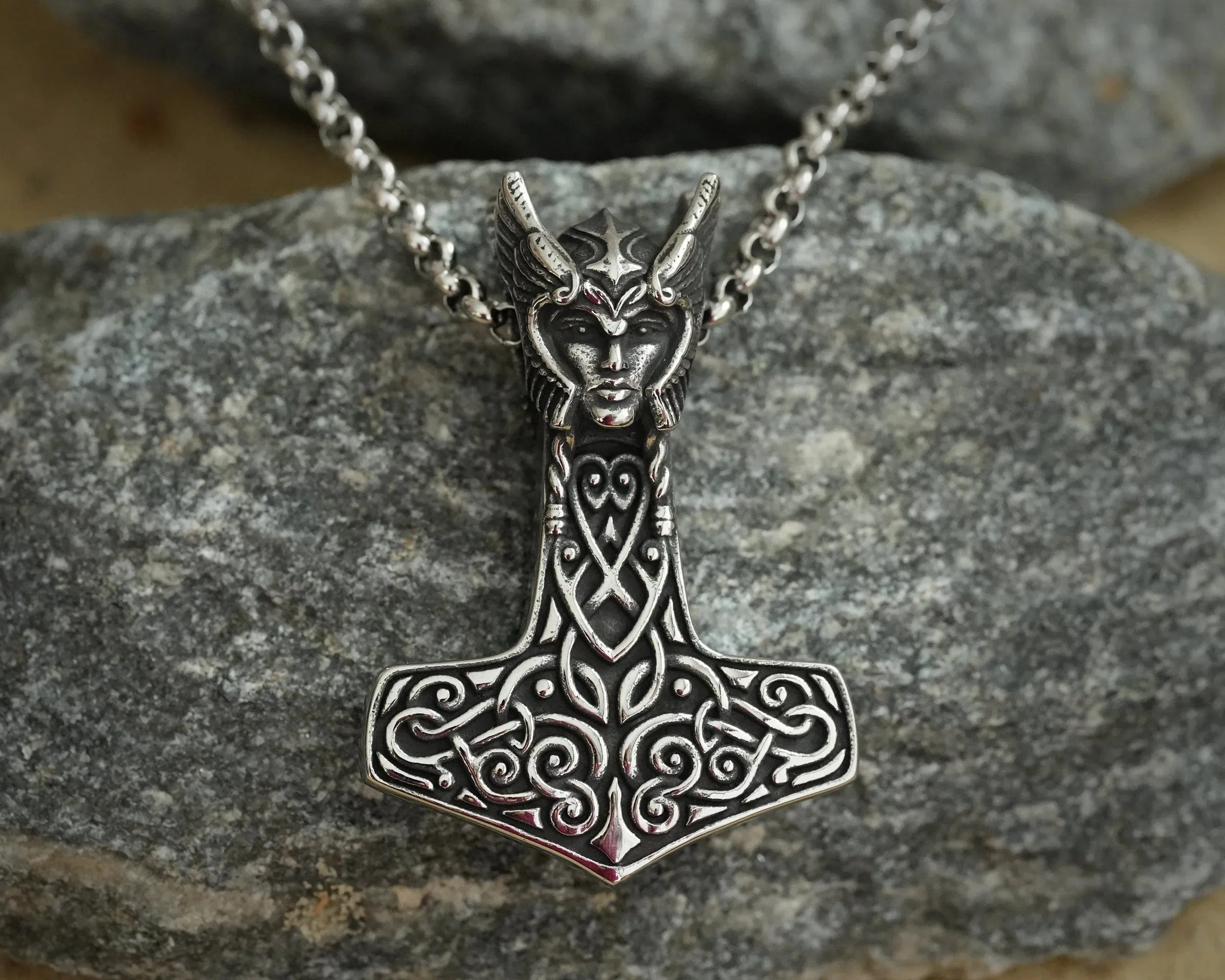 925 Sterling Silver Valkyrie Freya Shieldmaiden Woman Viking Thors Hammer Necklace Pendant Lagertha Charm