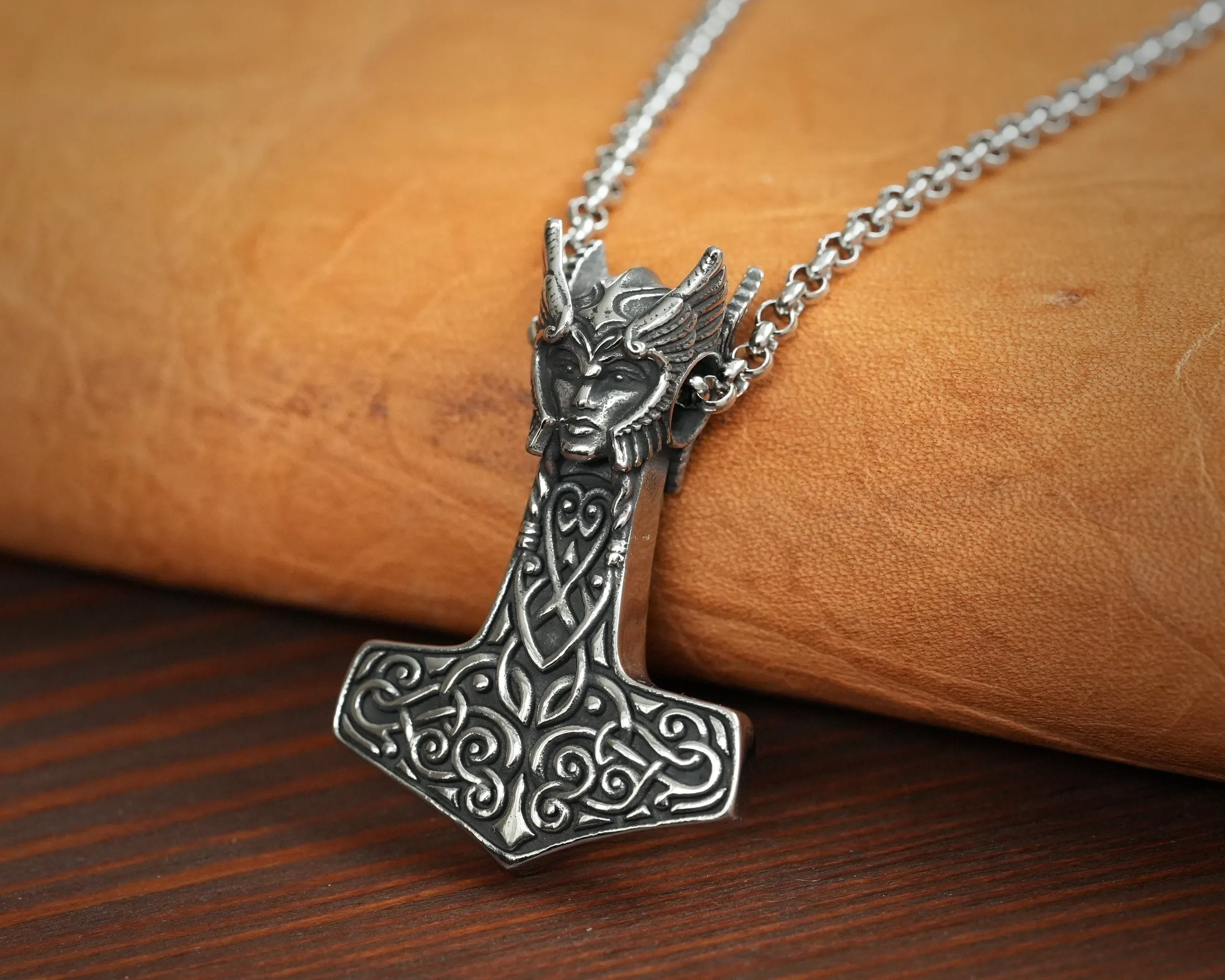 925 Sterling Silver Valkyrie Freya Shieldmaiden Woman Viking Thors Hammer Necklace Pendant Lagertha Charm