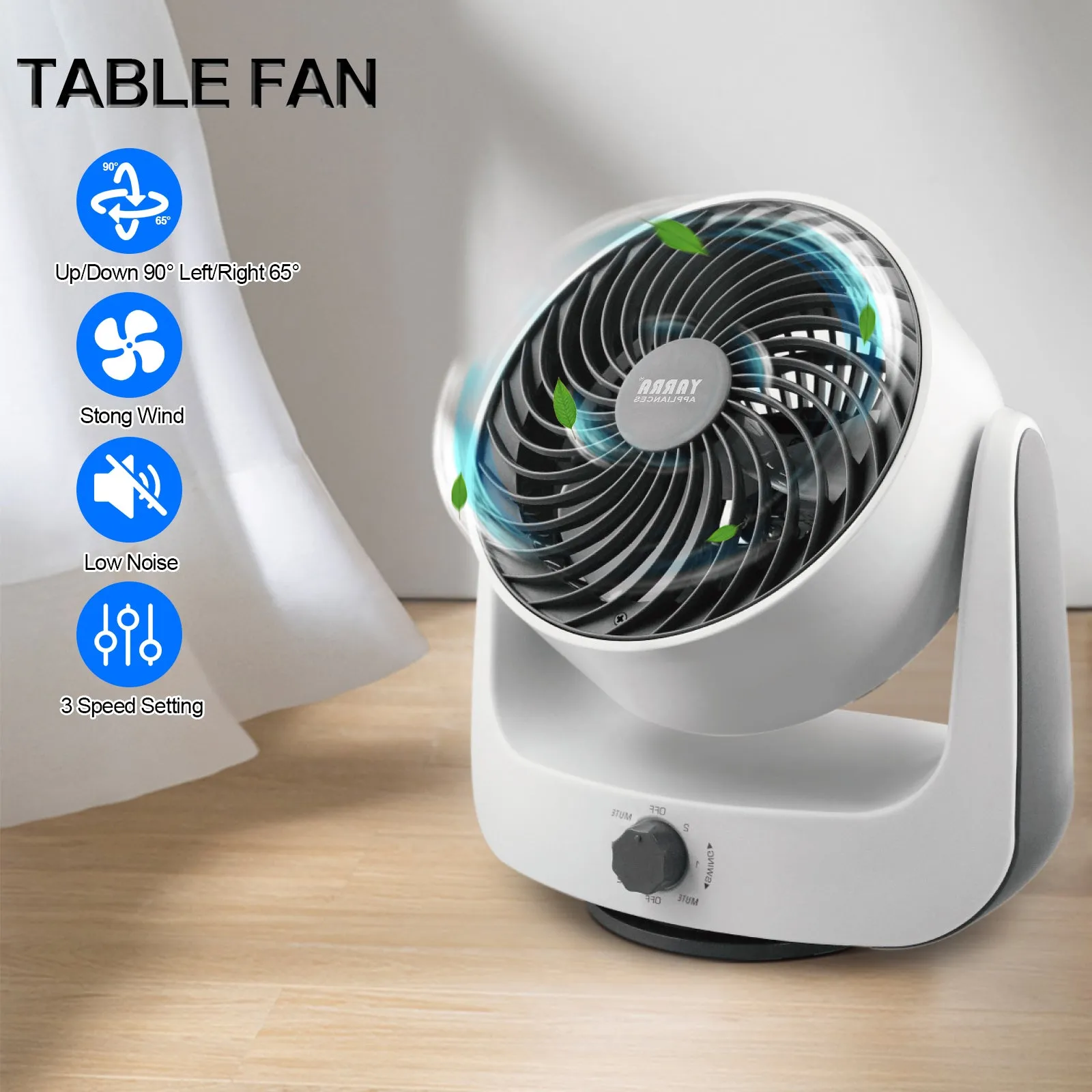 Adjustable Circulation Fan 3-Speed Setting with manual control low noise - White