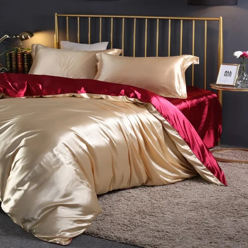 Anyhouz Beddings Beige AU Double Size 3 Pcs High End Satin Smooth Duvet Cover Set Luxury Polyester Silky Soft Cozy Bedding Set