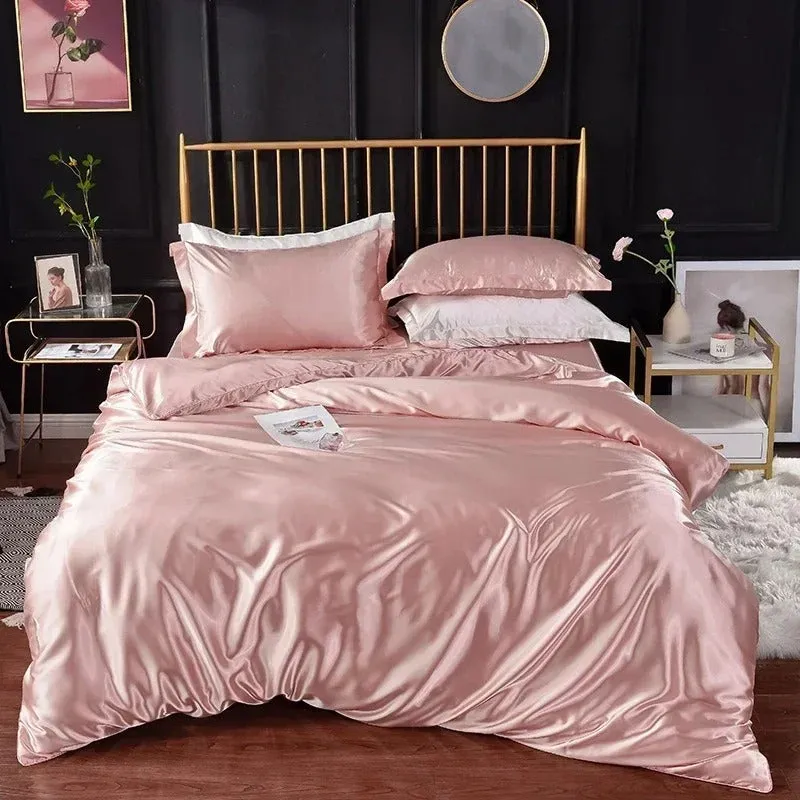 Anyhouz Beddings Light Pink US Full Size 3 Pcs High End Satin Smooth Duvet Cover Set Luxury Polyester Silky Soft Cozy Bedding Set