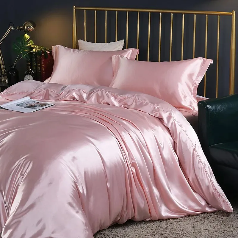 Anyhouz Beddings Light Pink US Full Size 3 Pcs High End Satin Smooth Duvet Cover Set Luxury Polyester Silky Soft Cozy Bedding Set