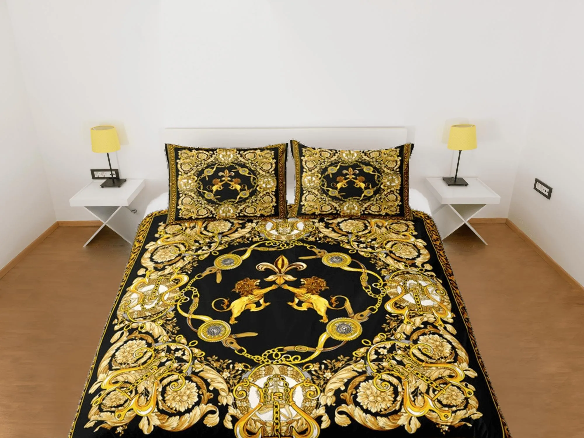 Baroque Black Gold Lion Luxury Duvet Cover Aesthetic Bedding Set Full Victorian Decor