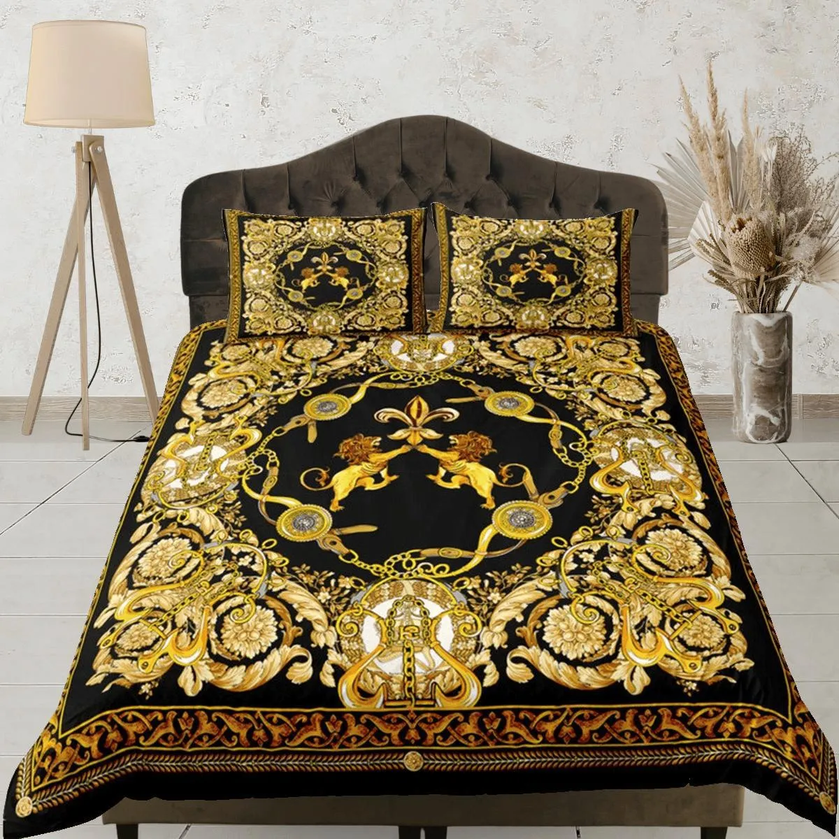 Baroque Black Gold Lion Luxury Duvet Cover Aesthetic Bedding Set Full Victorian Decor