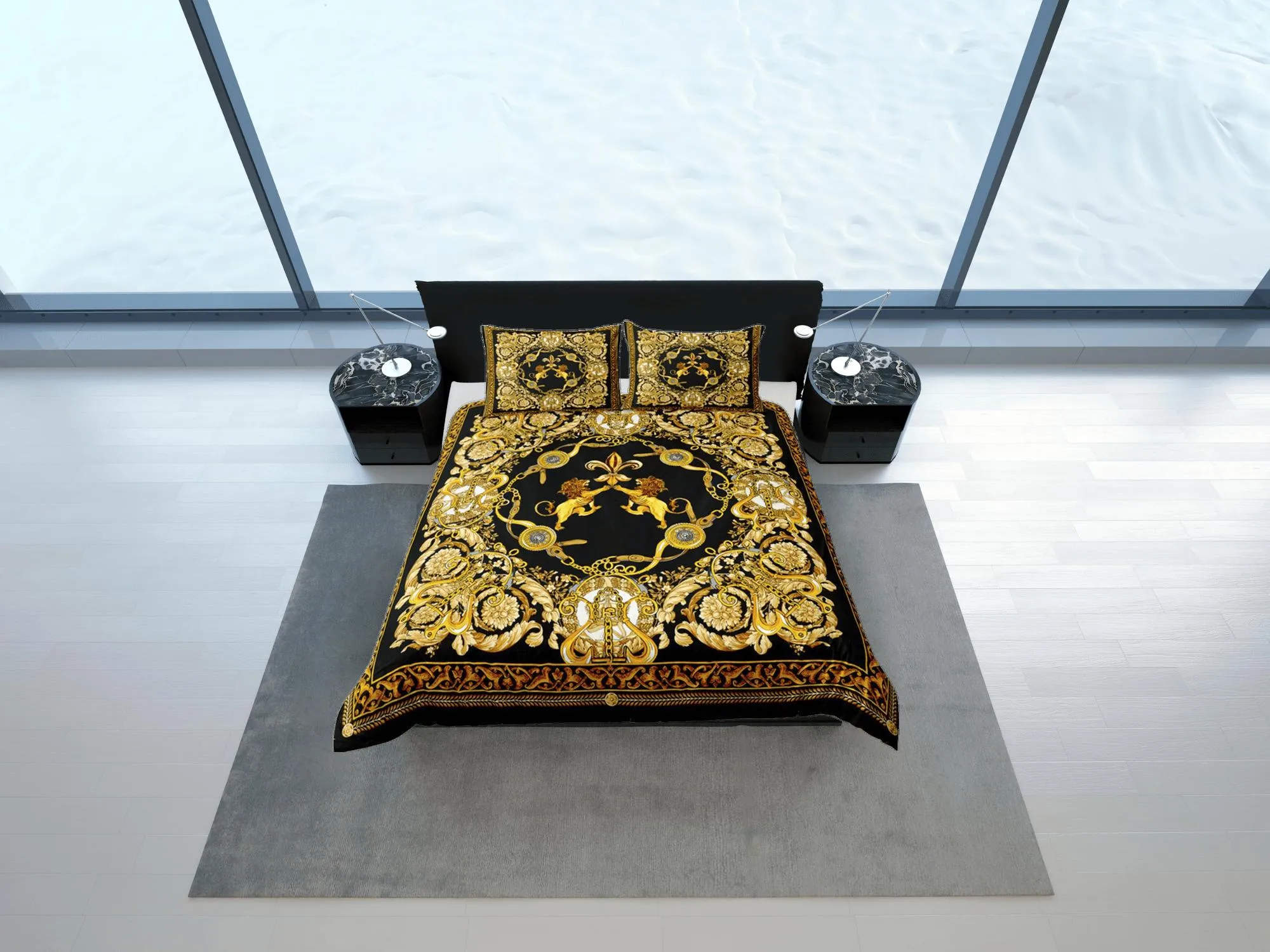 Baroque Black Gold Lion Luxury Duvet Cover Aesthetic Bedding Set Full Victorian Decor