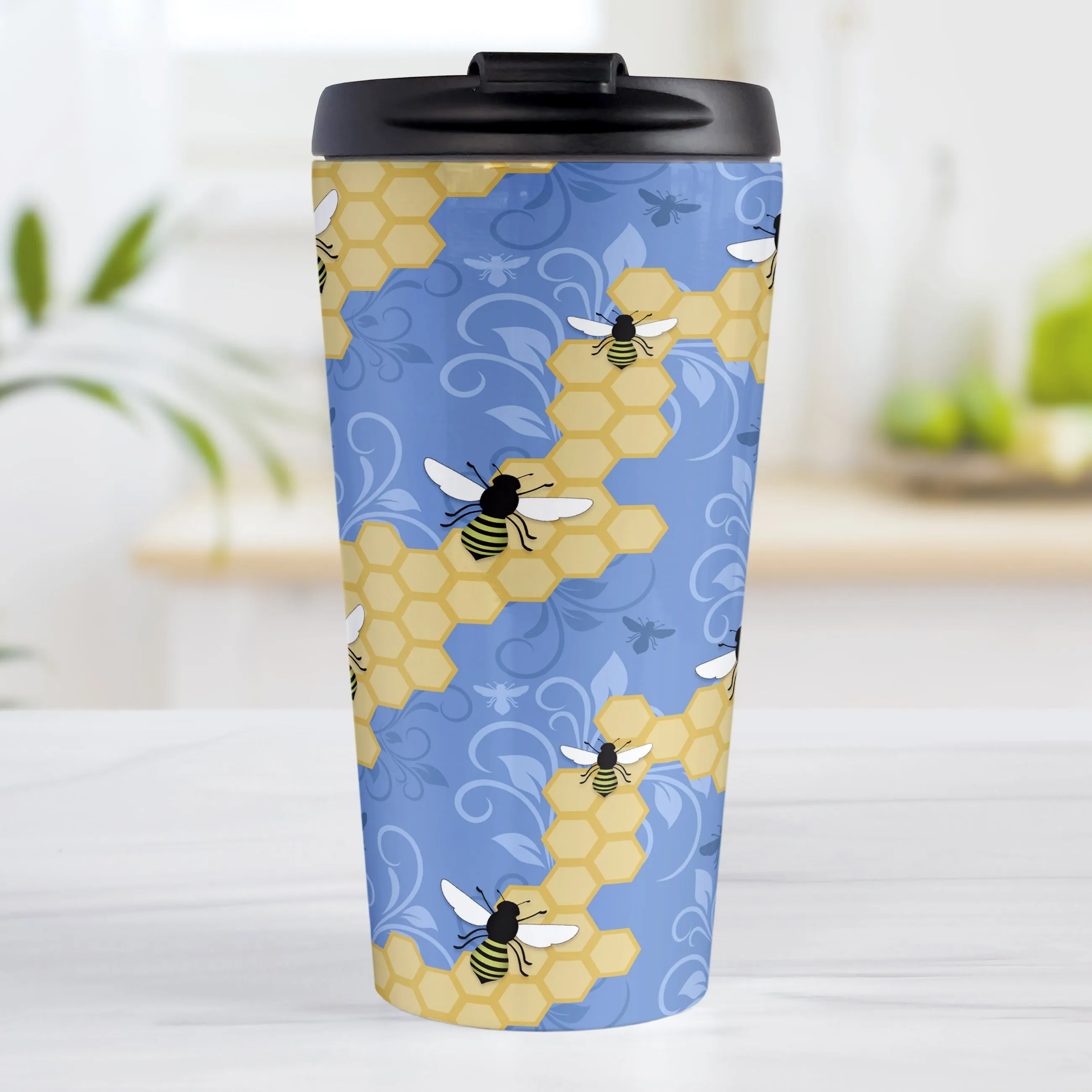 Blue Honeycomb Bee Travel Mug