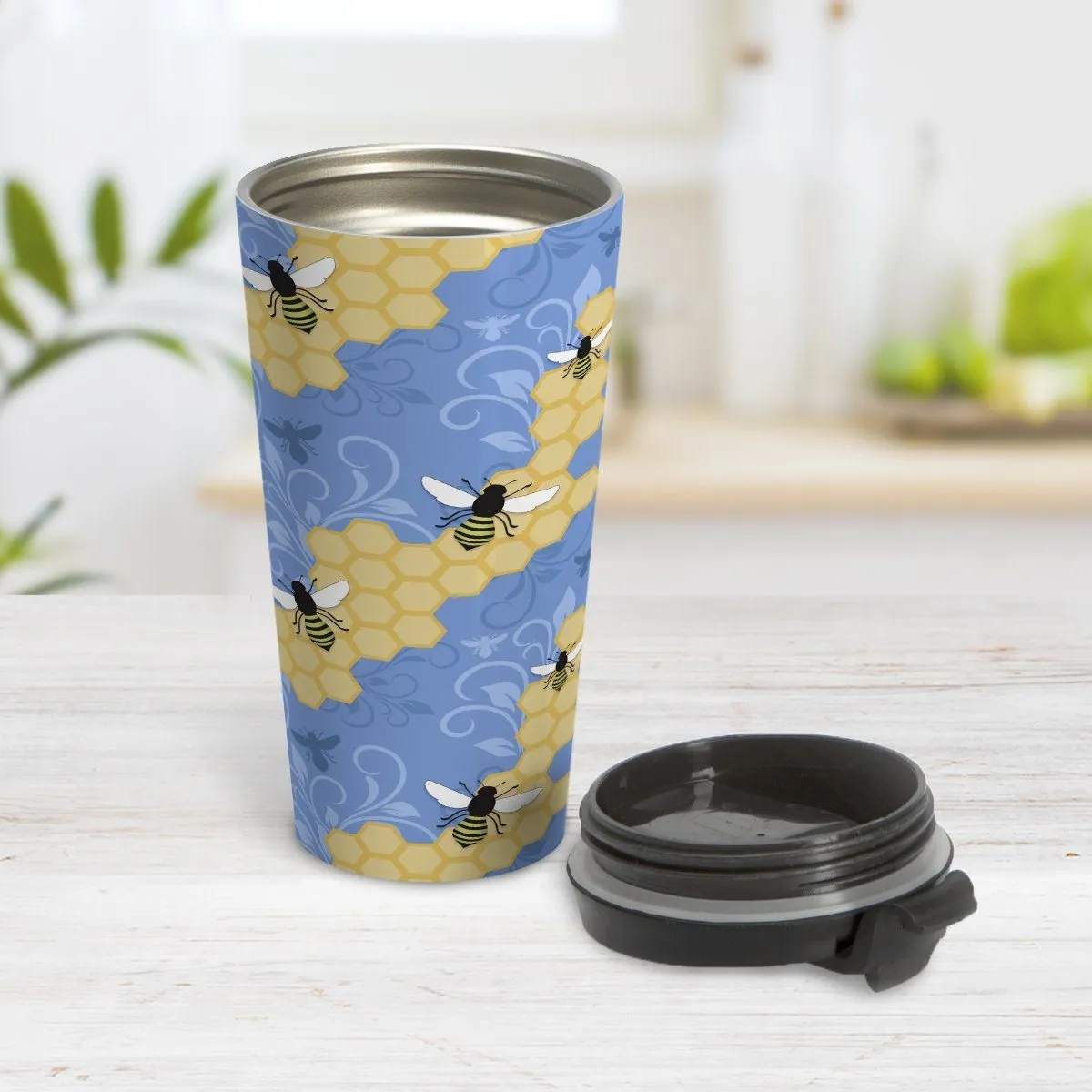 Blue Honeycomb Bee Travel Mug