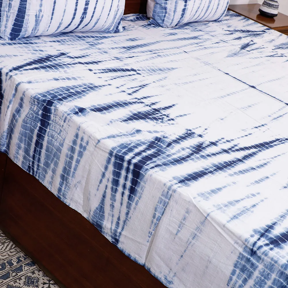 Blue - Shibori Tie-Dye Cotton Double Bed Cover with Pillow Covers (102 x 89 in)