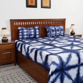 Blue - Shibori Tie Dye Pure Cotton Double Bed Cover with Pillow Covers (108 x 90 in)