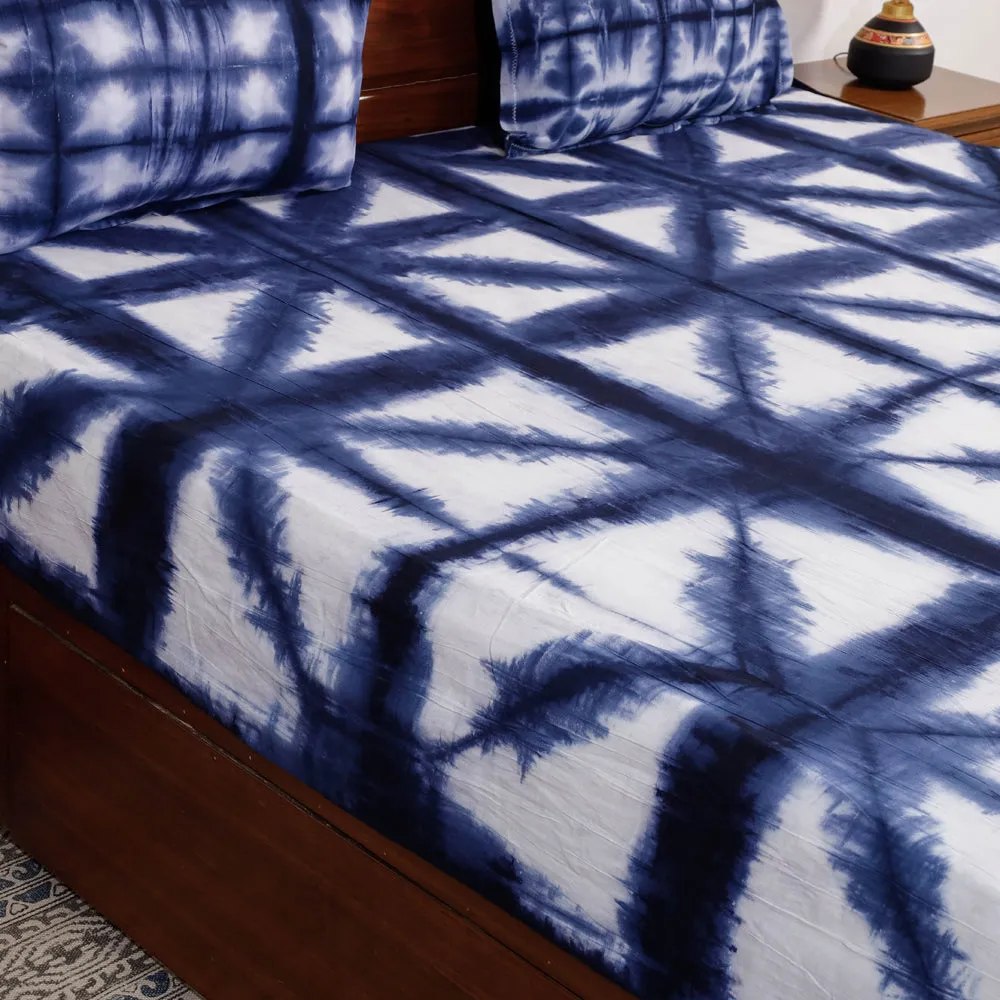 Blue - Shibori Tie Dye Pure Cotton Double Bed Cover with Pillow Covers (108 x 90 in)