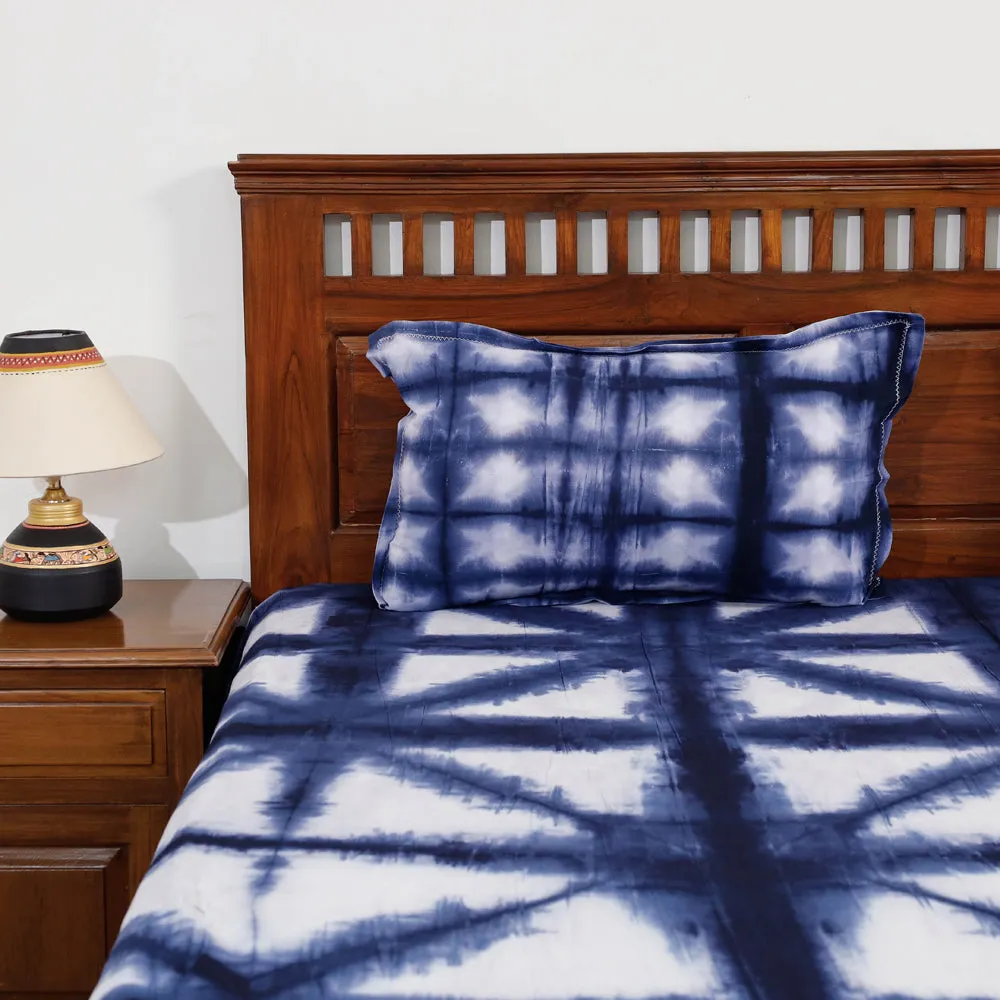 Blue - Shibori Tie Dye Pure Cotton Double Bed Cover with Pillow Covers (108 x 90 in)