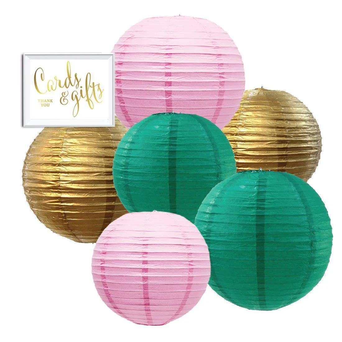 Blush Pink, Emerald Green, Gold Hanging Paper Lanterns Decorative Kit