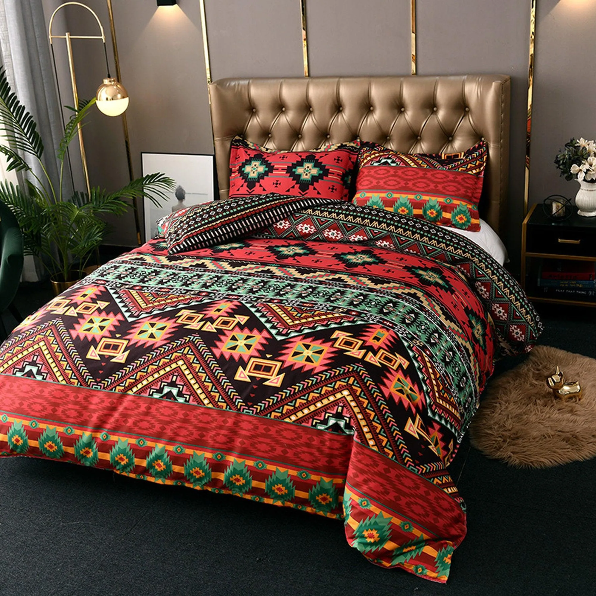 Bohemian Red Duvet Cover Set Boho Bedding, Hippie Dorm Bedding with Pillowcase