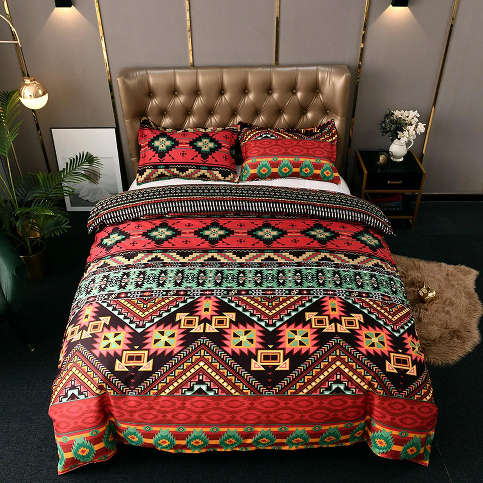 Bohemian Red Duvet Cover Set Boho Bedding, Hippie Dorm Bedding with Pillowcase