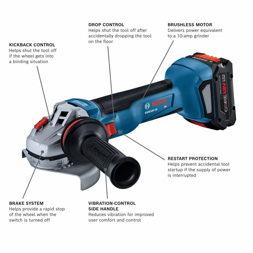 Bosch GWS18V-10B14 18V Brushless 4-1/2 - 5" Angle Grinder Kit with (1) CORE18V 8.0 Ah PROFACTOR Performance Battery