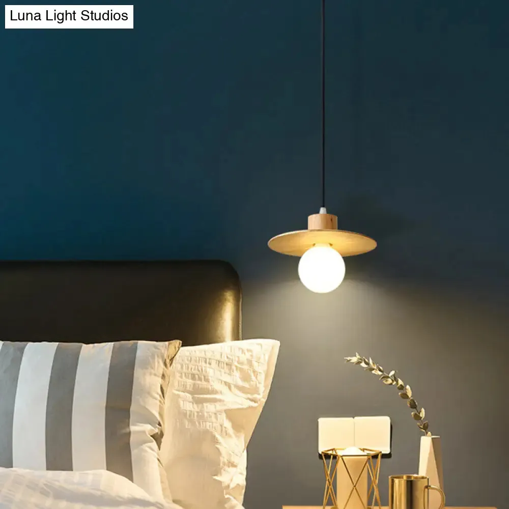 Circular Wood LED Mini Pendant Lamp in Beige - Minimalistic Bedroom Ceiling Suspension