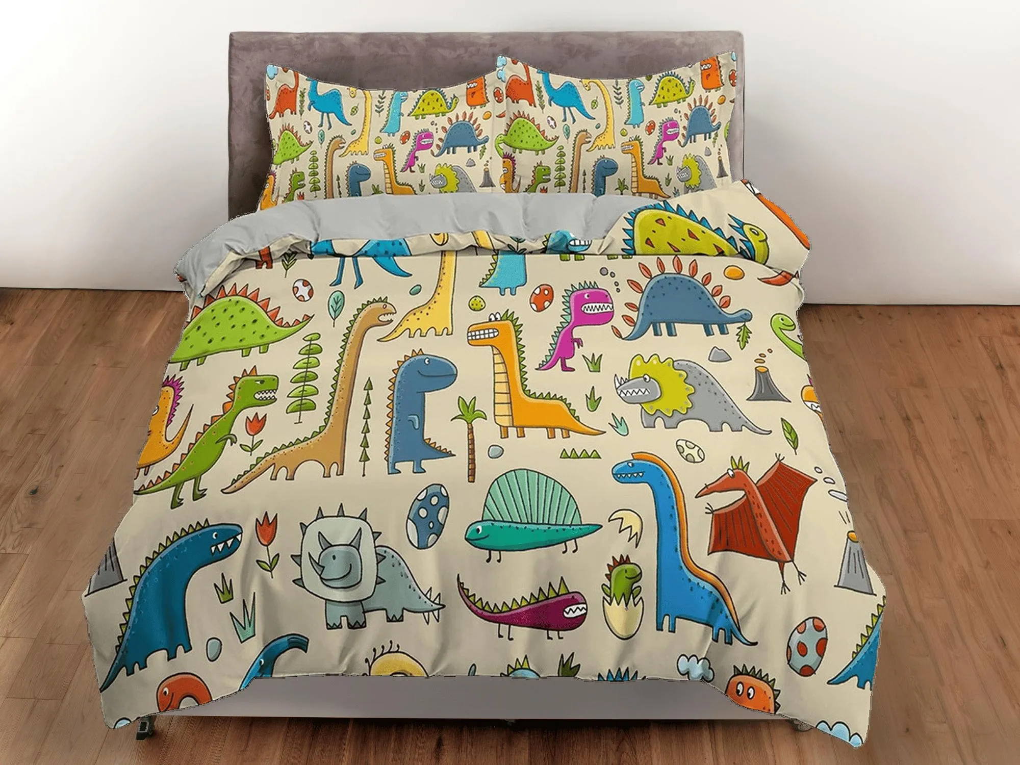 Colorful dinosaurs, beige toddler bedding, duvet cover for nursery kids, crib bedding, baby zipper bedding, king queen full twin