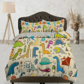 Colorful dinosaurs, beige toddler bedding, duvet cover for nursery kids, crib bedding, baby zipper bedding, king queen full twin