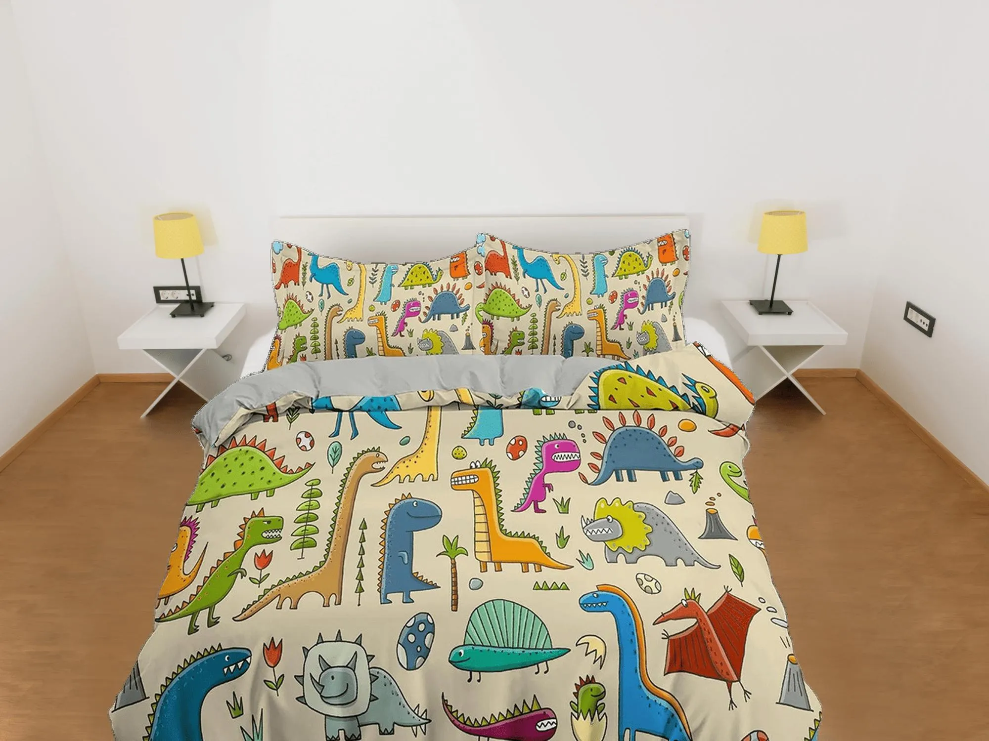 Colorful dinosaurs, beige toddler bedding, duvet cover for nursery kids, crib bedding, baby zipper bedding, king queen full twin