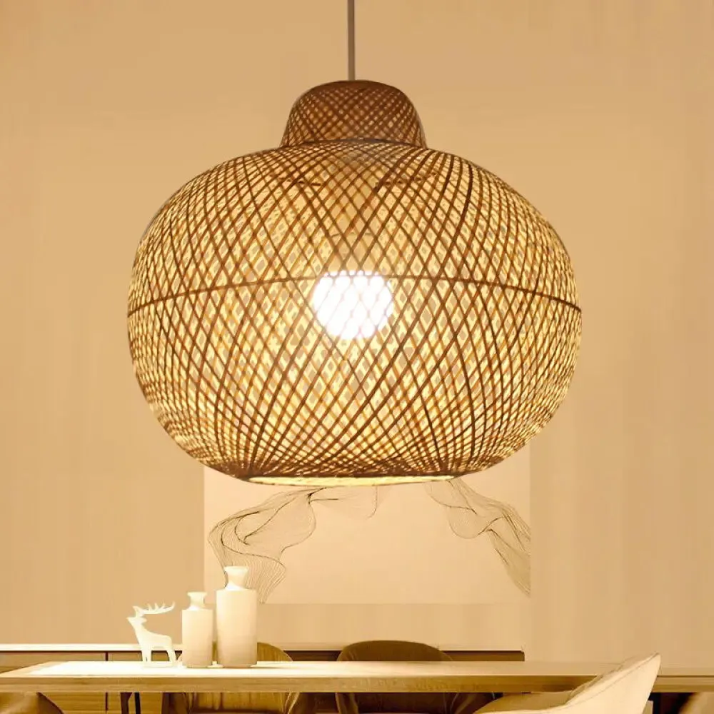 Contemporary Bamboo Globe Pendant Light Kit - Wood Hanging Light, 12"/14" Wide