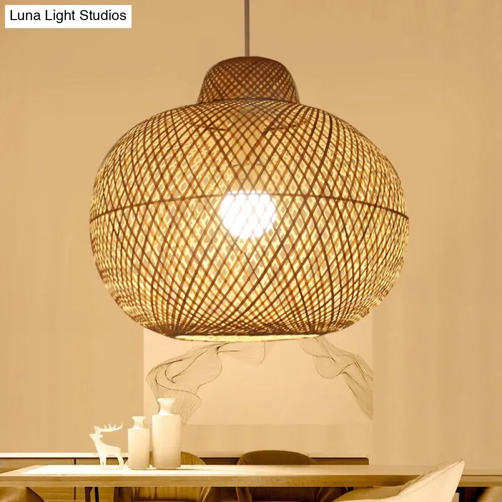 Contemporary Bamboo Globe Pendant Light Kit - Wood Hanging Light, 12"/14" Wide