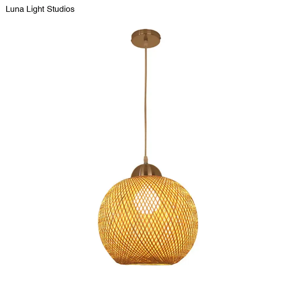 Contemporary Bamboo Globe Pendant Light Kit - Wood Hanging Light, 12"/14" Wide