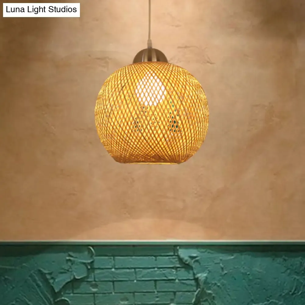 Contemporary Bamboo Globe Pendant Light Kit - Wood Hanging Light, 12"/14" Wide