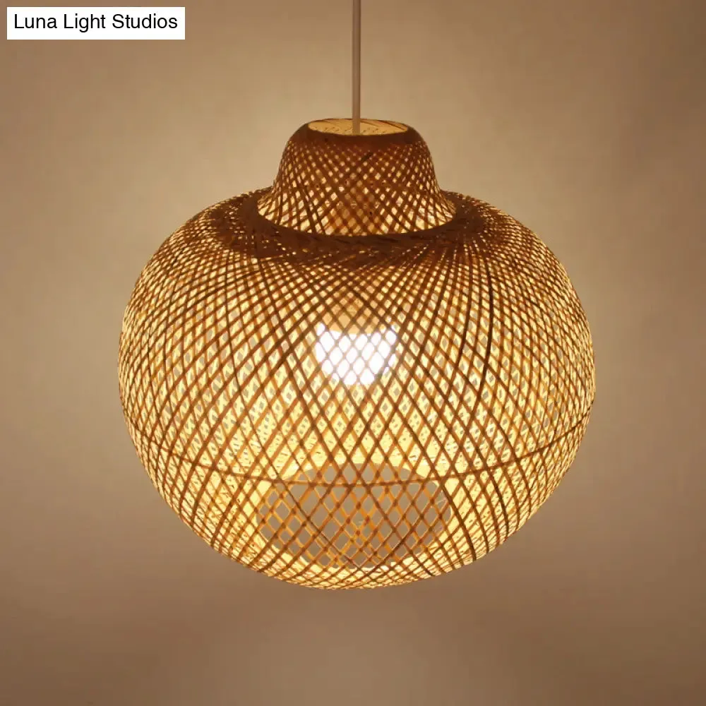 Contemporary Bamboo Globe Pendant Light Kit - Wood Hanging Light, 12"/14" Wide